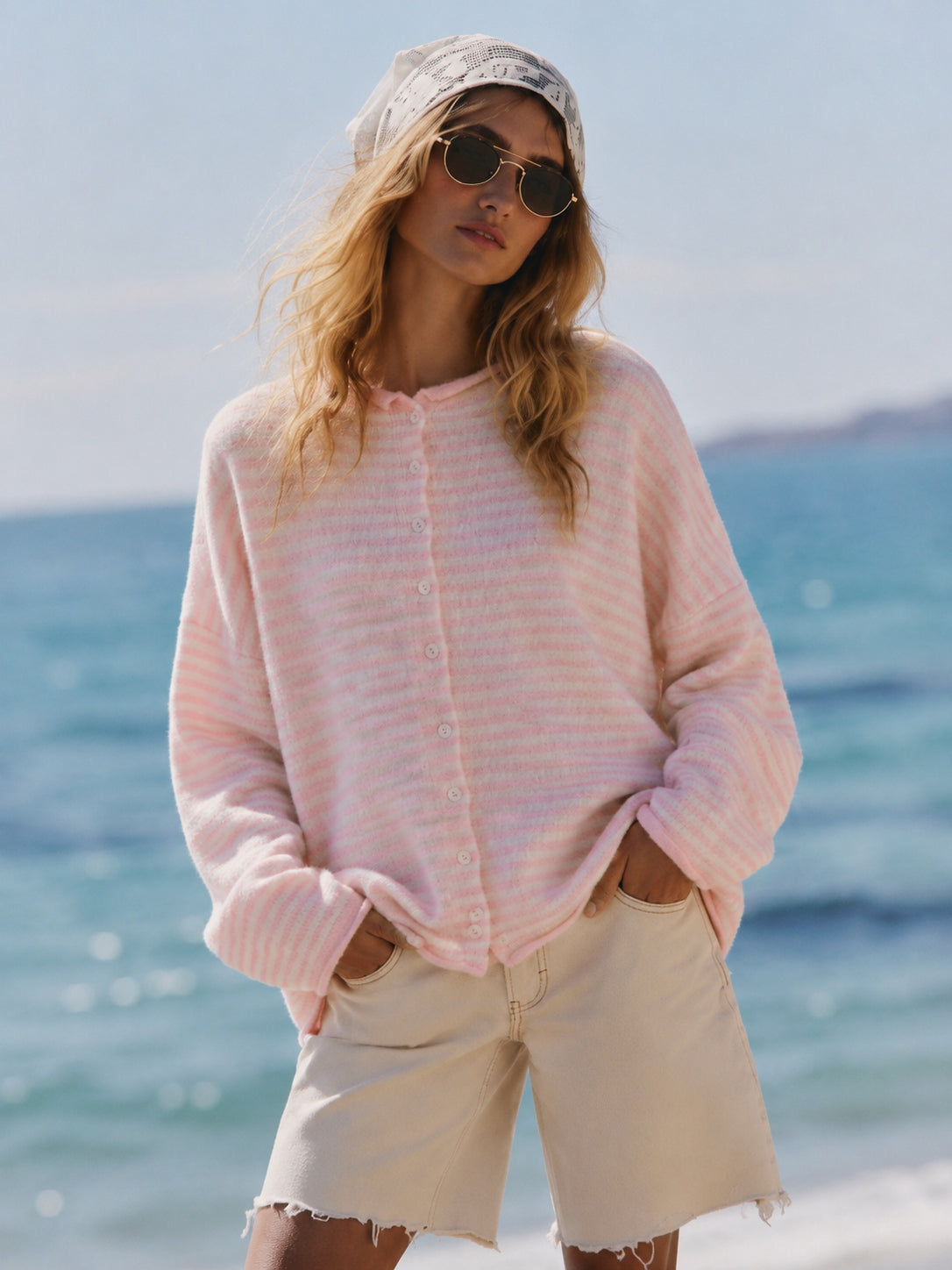 Things Between Piper Cardigan Mini Stripe Pink - lifestyle front view