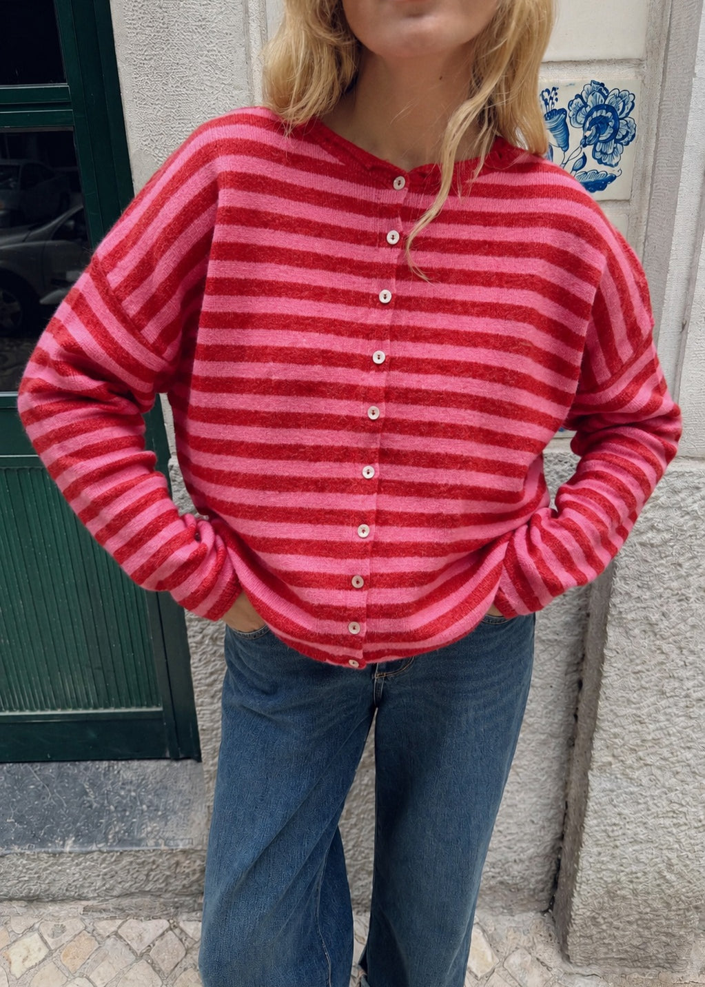 Things Between Piper Cardigan Striped Red Combo - lifestyle front view