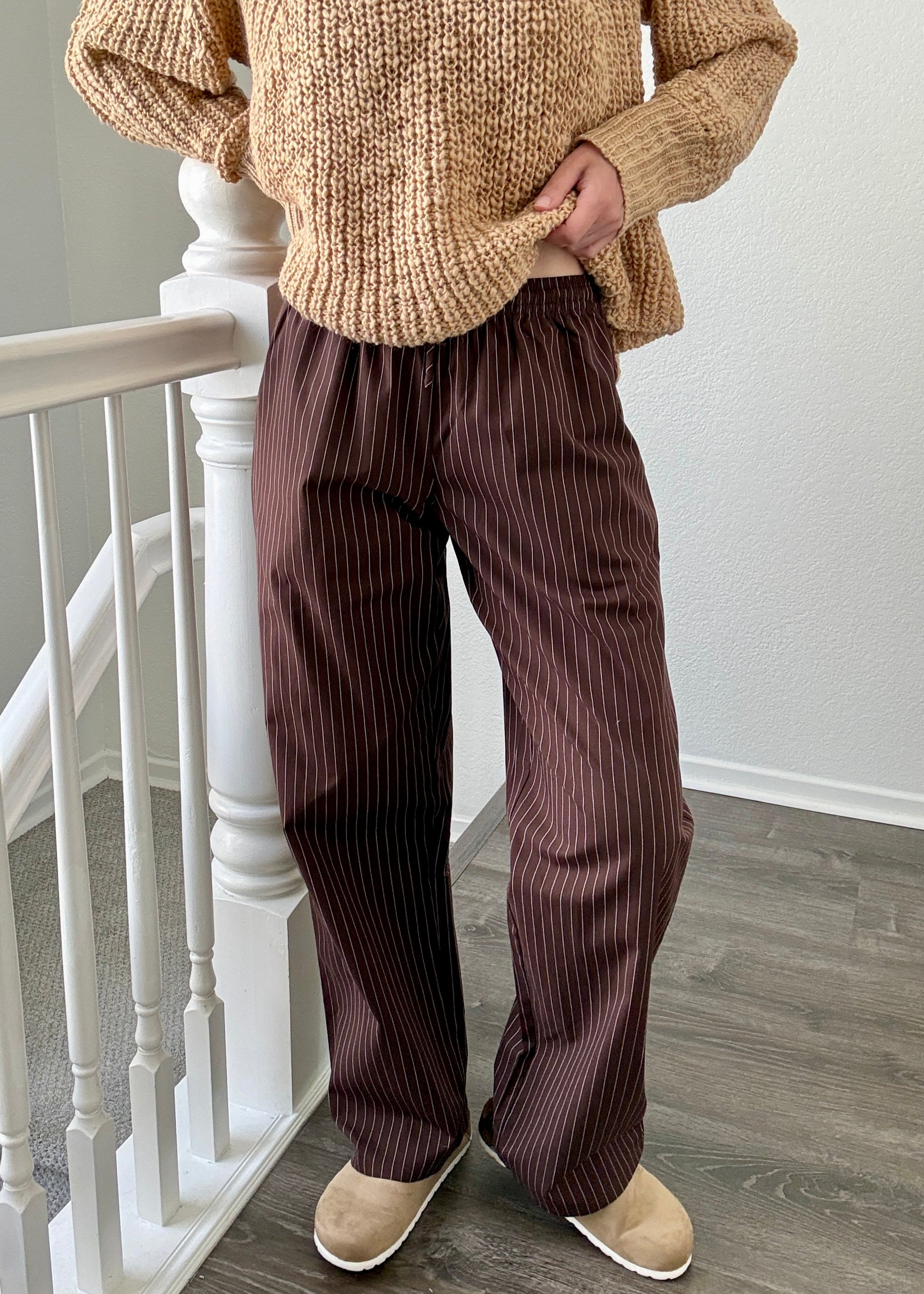 Hallie Pinstripe Wide Leg Pants in Chocolate front view