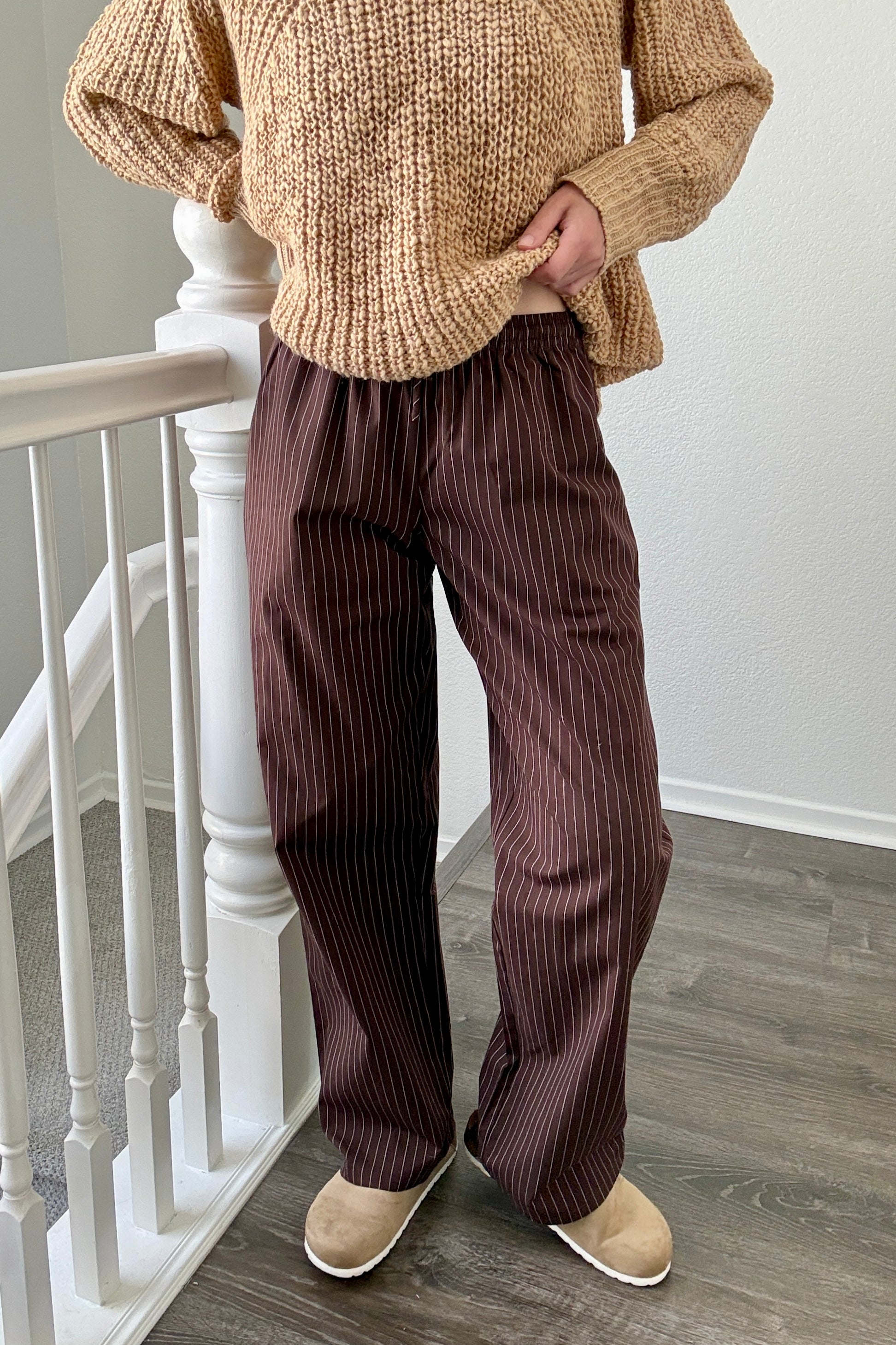 Hallie Pinstripe Wide Leg Pants in Chocolate front view