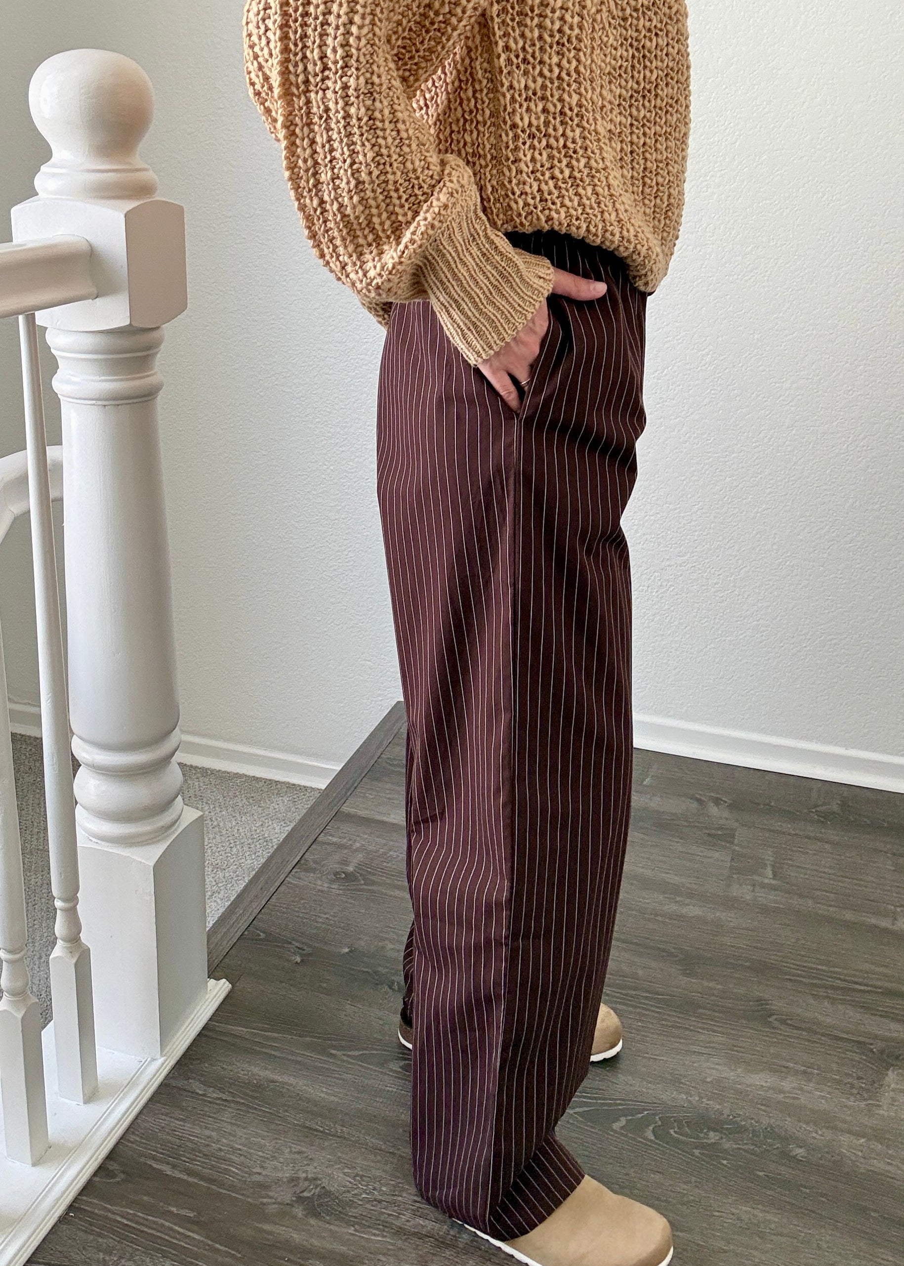 Hallie Pinstripe Wide Leg Pants in Chocolate side view