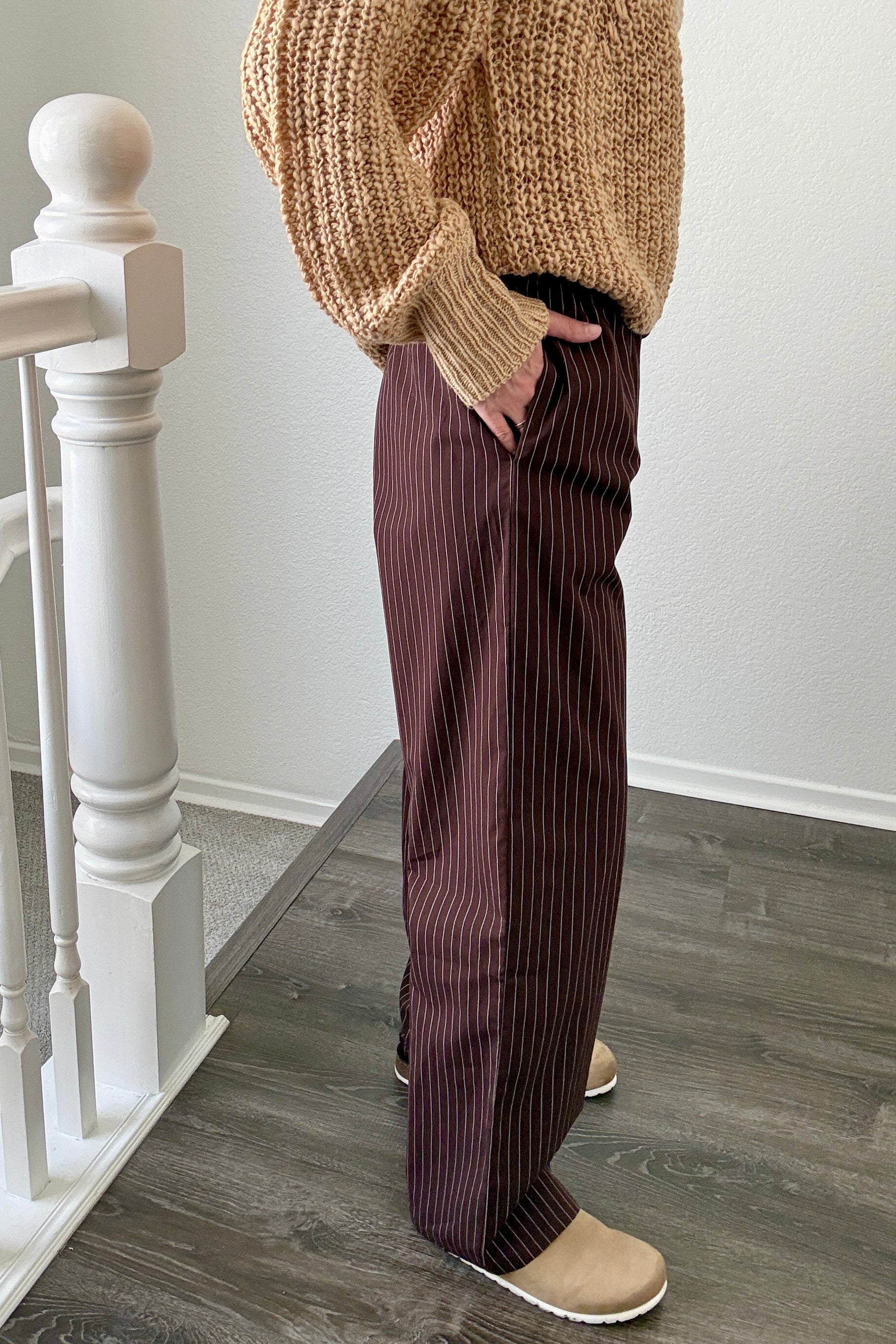 Hallie Pinstripe Wide Leg Pants in Chocolate side view