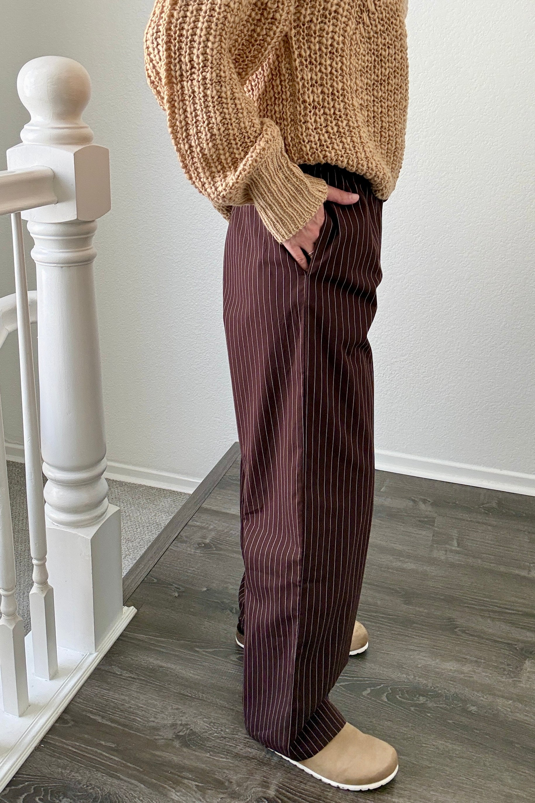 Hallie Pinstripe Wide Leg Pants in Chocolate side view