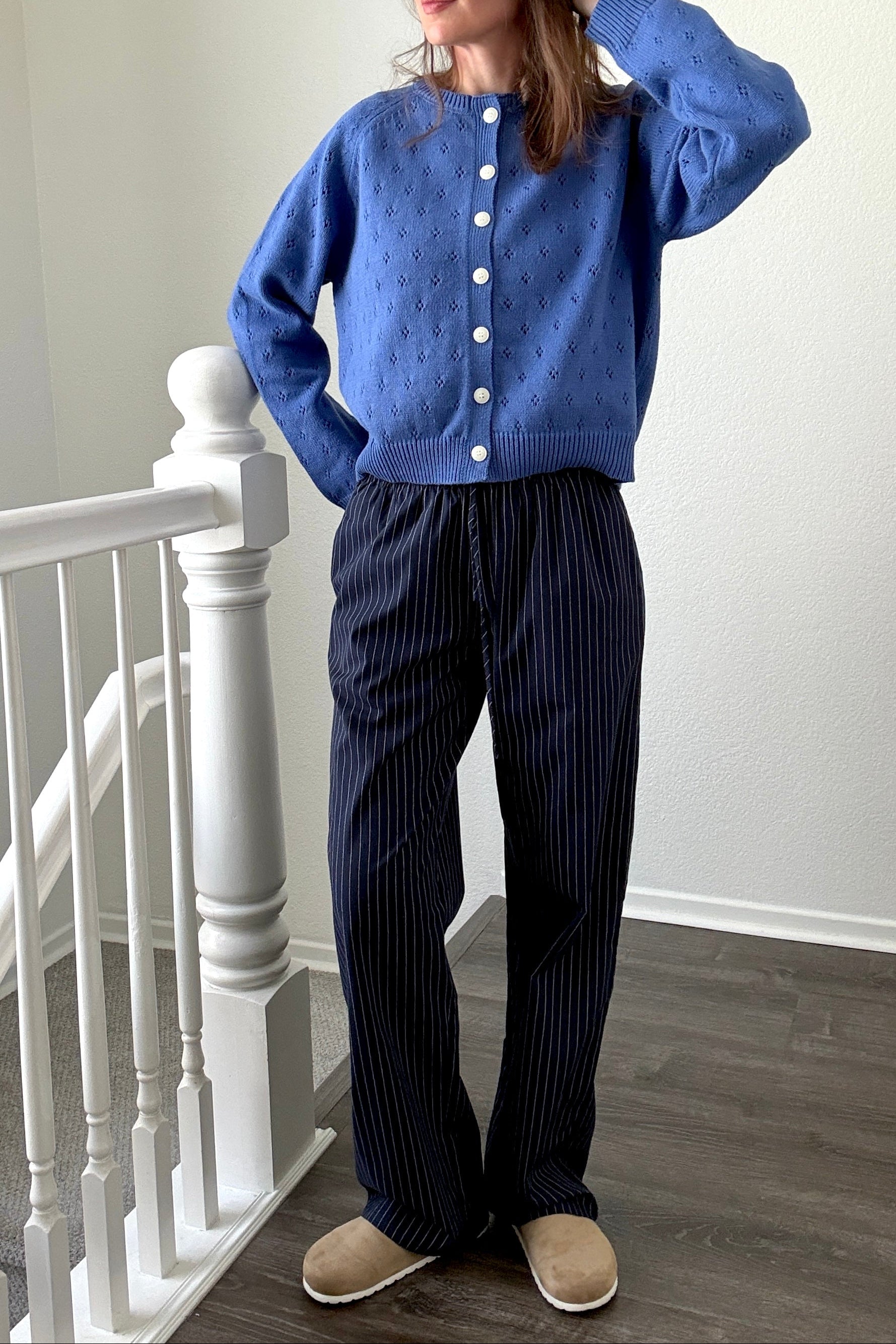 Hallie Pinstripe Wide Leg Pants in Navy full outfit