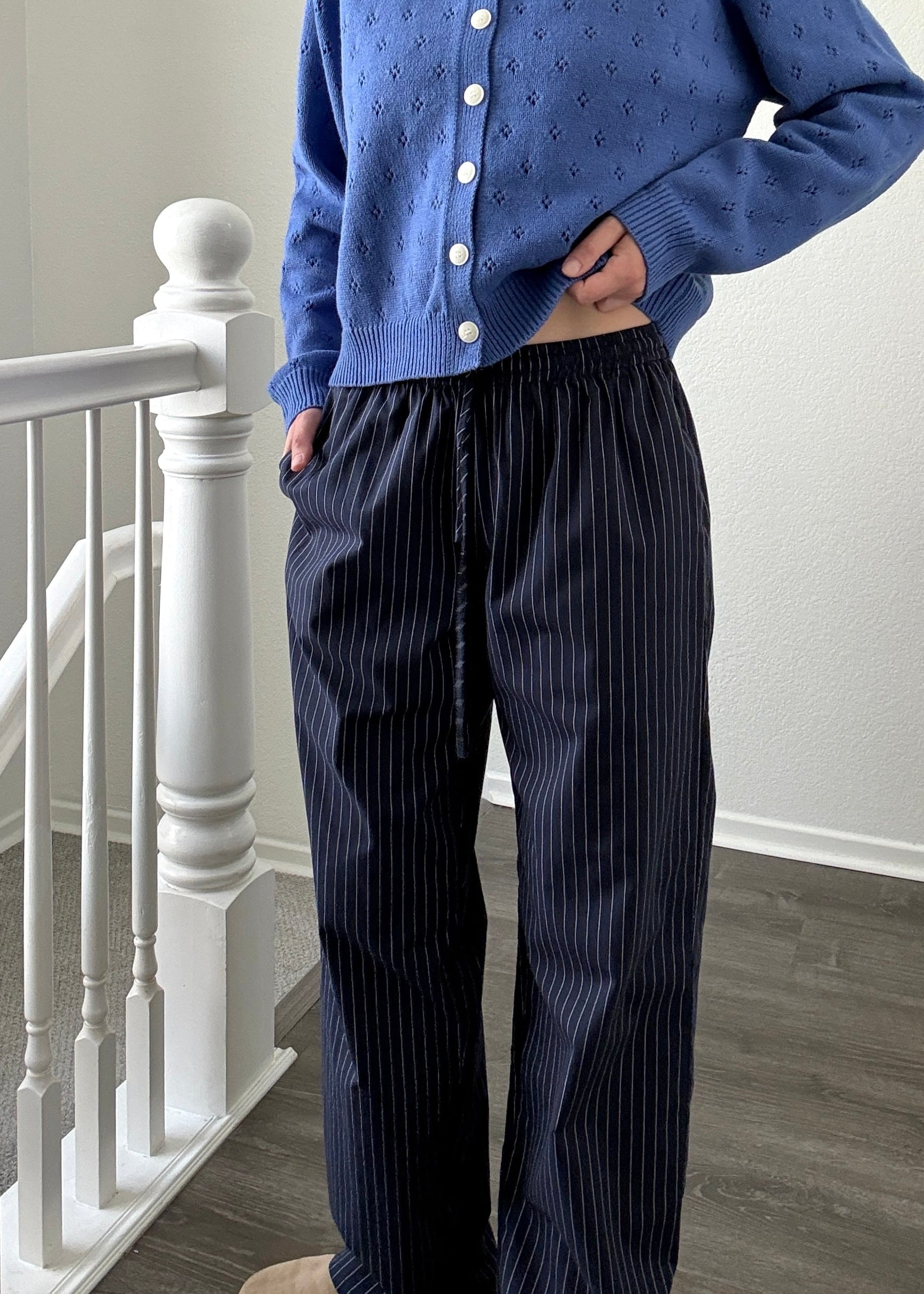 Hallie Pinstripe Wide Leg Pants in Navy main view