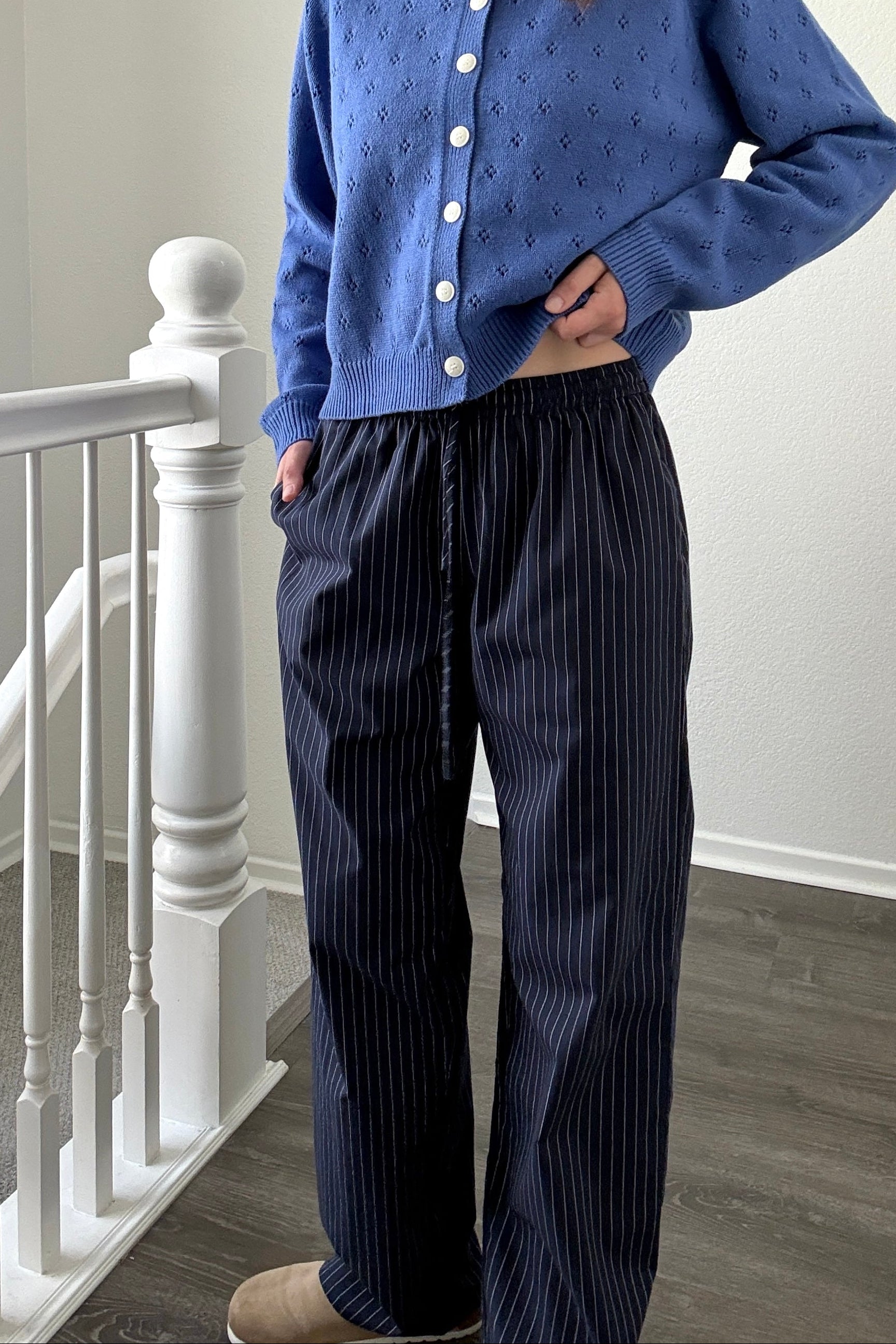 Hallie Pinstripe Wide Leg Pants in Navy main view