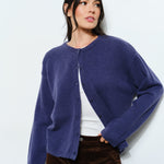 Model is wearing Marley Harper Round-Neck Relaxed Cardigan in navy — lightweight knit with button-front closure and round neck