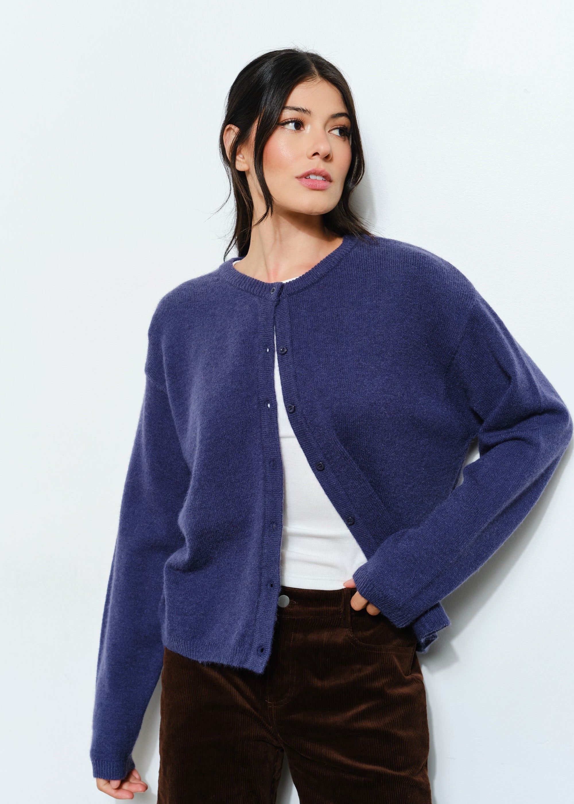 Model is wearing Marley Harper Round-Neck Relaxed Cardigan in navy — lightweight knit with button-front closure and round neck