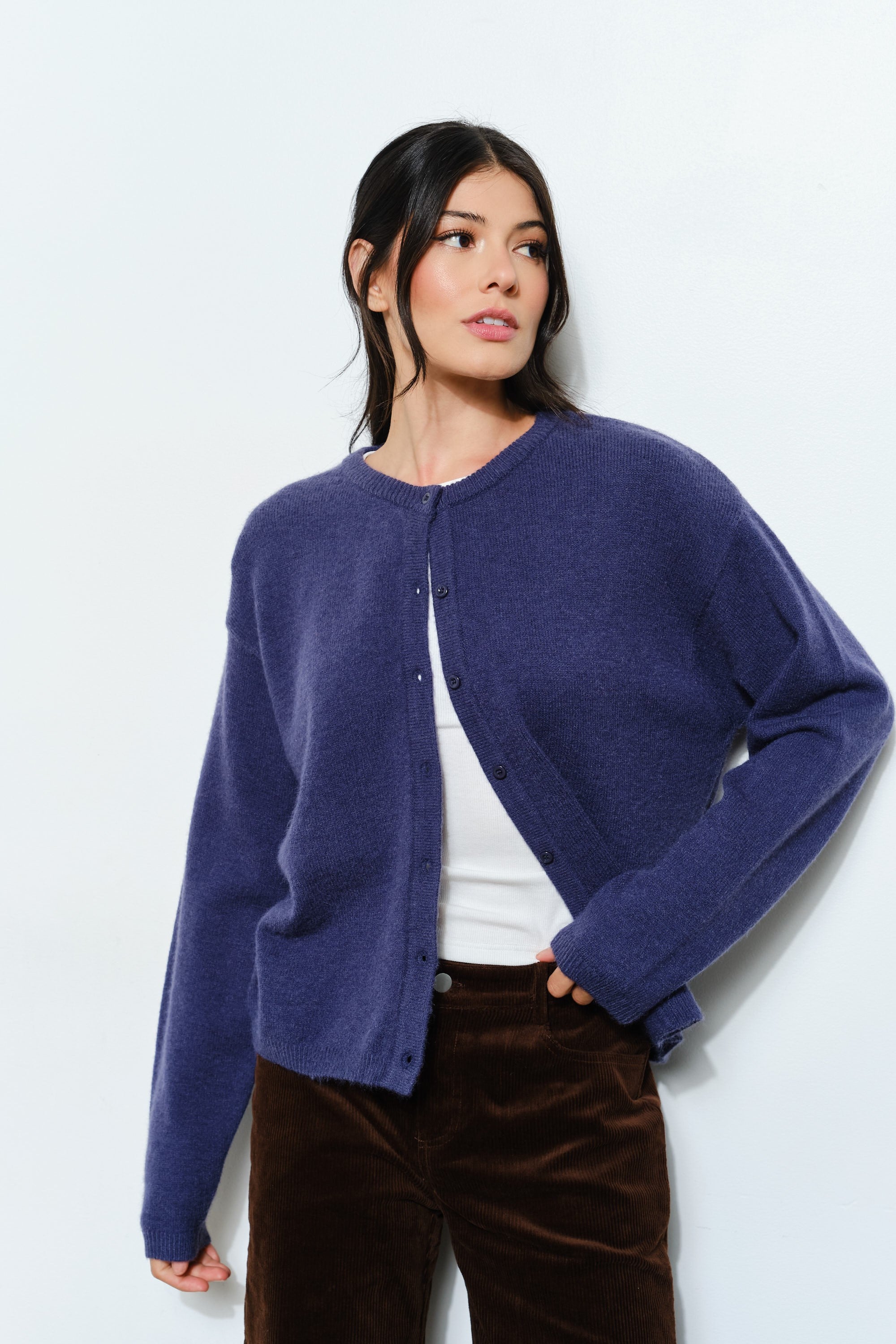 Model is wearing Marley Harper Round-Neck Relaxed Cardigan in navy — lightweight knit with button-front closure and round neck