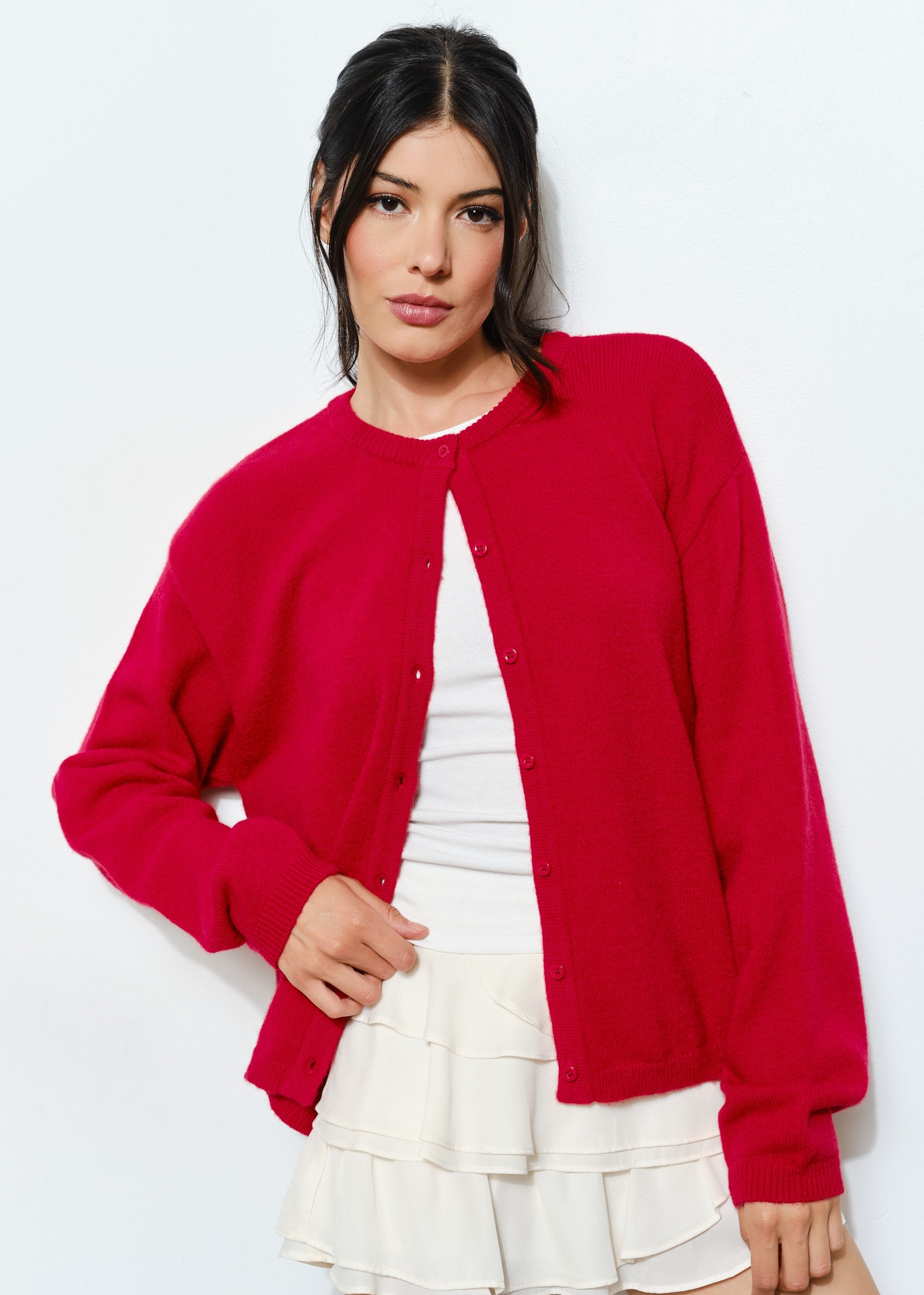 Harper Round-Neck Relaxed Cardigan in red styled casually with jeans — soft, cozy women’s layering piece.