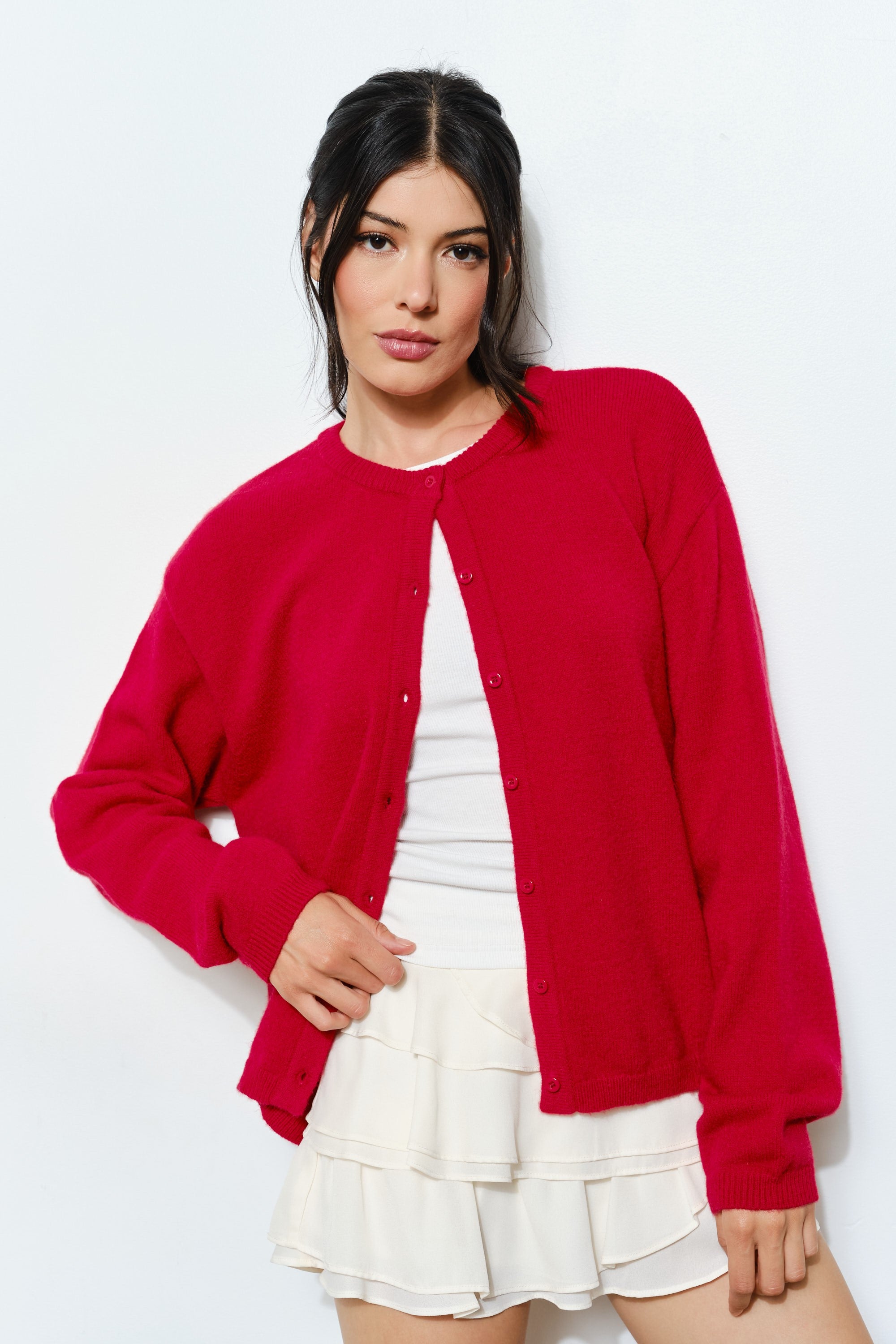 Harper Round-Neck Relaxed Cardigan in red styled casually with jeans — soft, cozy women’s layering piece.