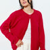 Woman wearing the Marley Harper Round-Neck Relaxed Cardigan in red - lightweight knit with button-front design and relaxed fit.