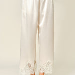 Heirloom Satin Lace Wide-Leg Pants in champagne front view with elastic waist and lace hem
