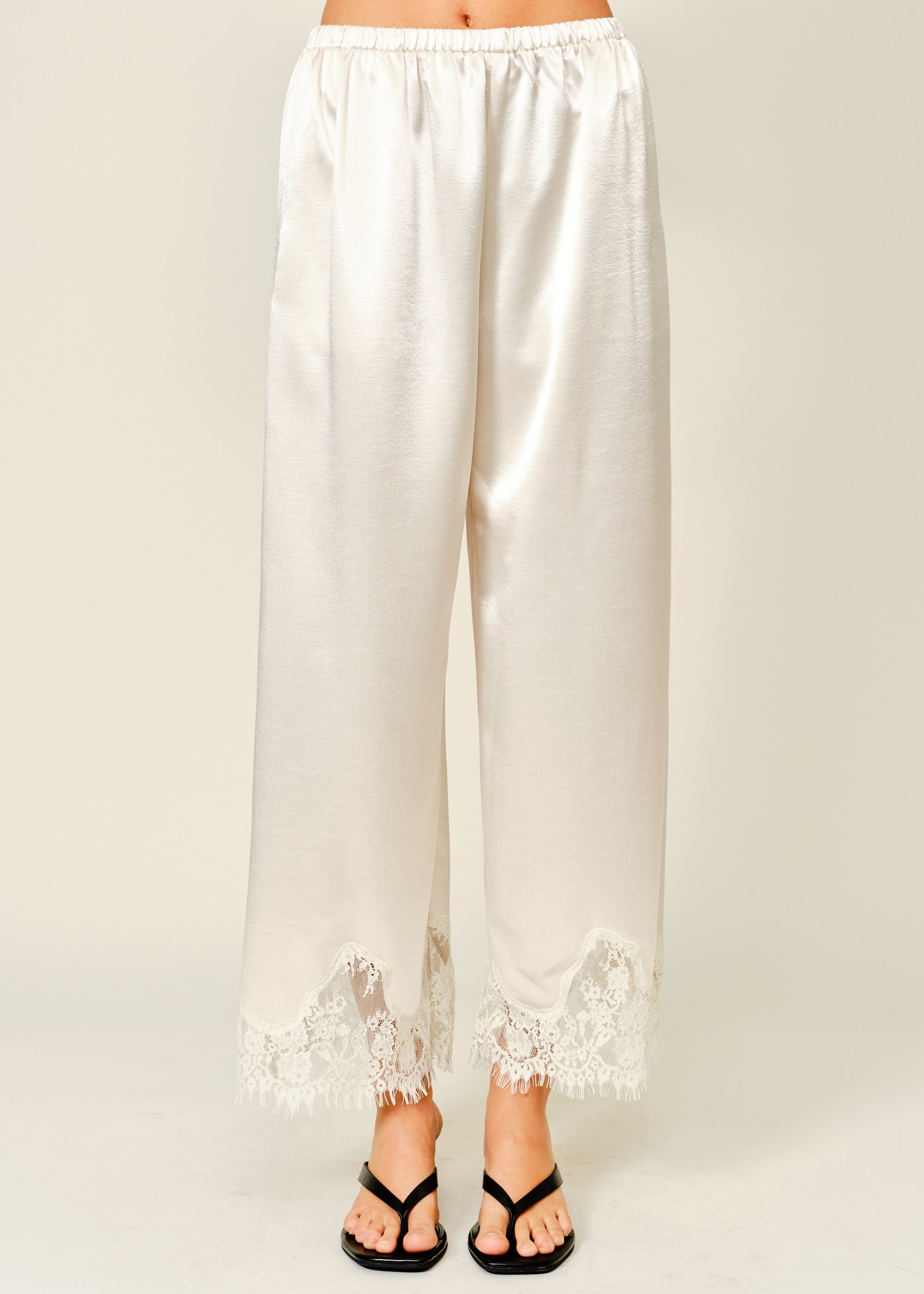 Heirloom Satin Lace Wide-Leg Pants in champagne front view with elastic waist and lace hem