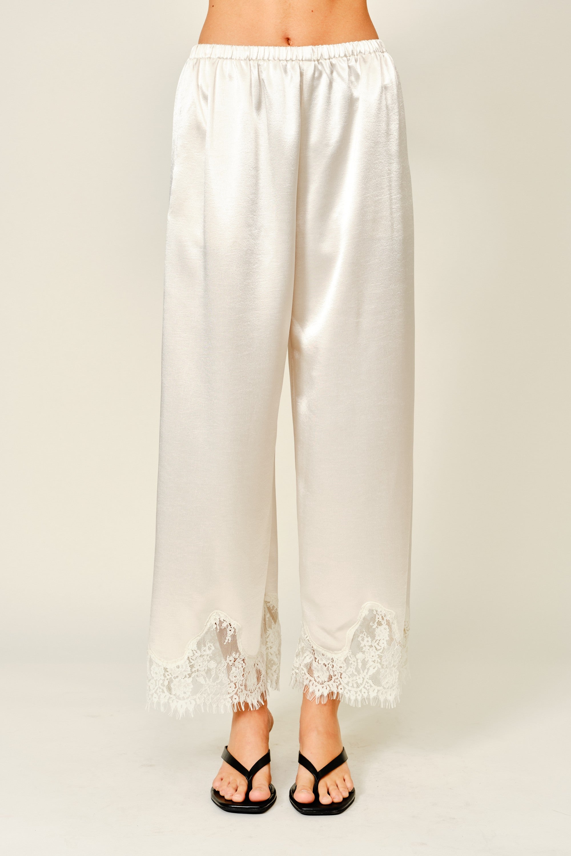 Heirloom Satin Lace Wide-Leg Pants in champagne front view with elastic waist and lace hem