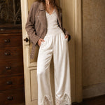 Heirloom Satin Lace Wide-Leg Pants in champagne styled with a jacket for a relaxed bohemian outfit