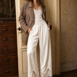 Heirloom Satin Lace Wide-Leg Pants in champagne styled with a jacket for a relaxed bohemian outfit