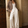 Heirloom Satin Lace Wide-Leg Pants in champagne styled with a jacket for a relaxed bohemian outfit