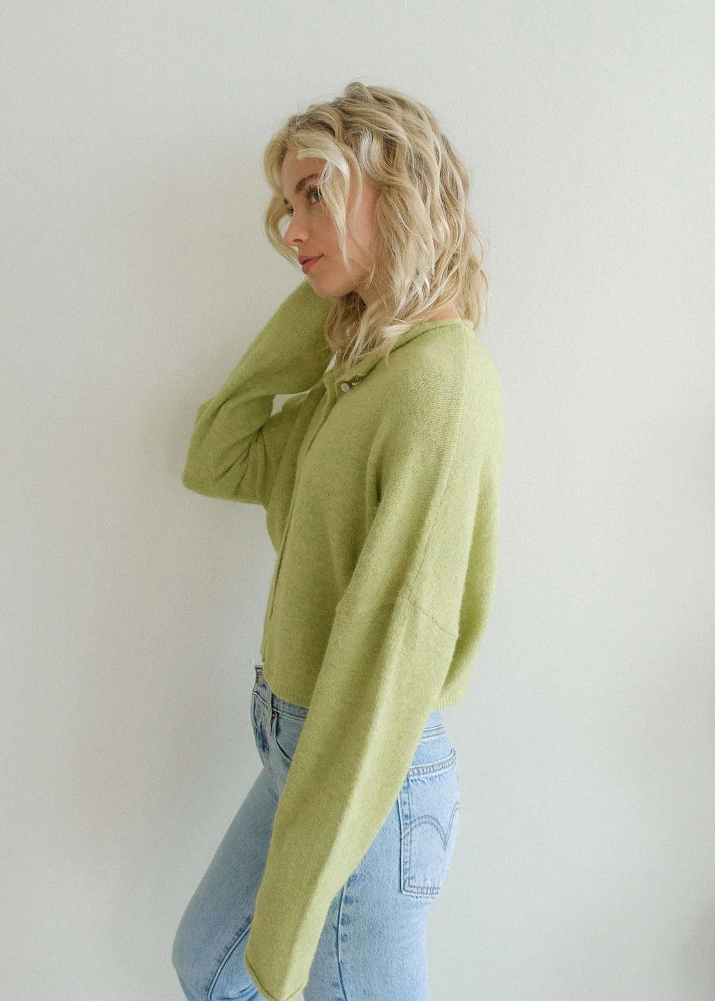 Hailey Button Down Cardigan (Piper Cardigan) in Lemongrass – side view
