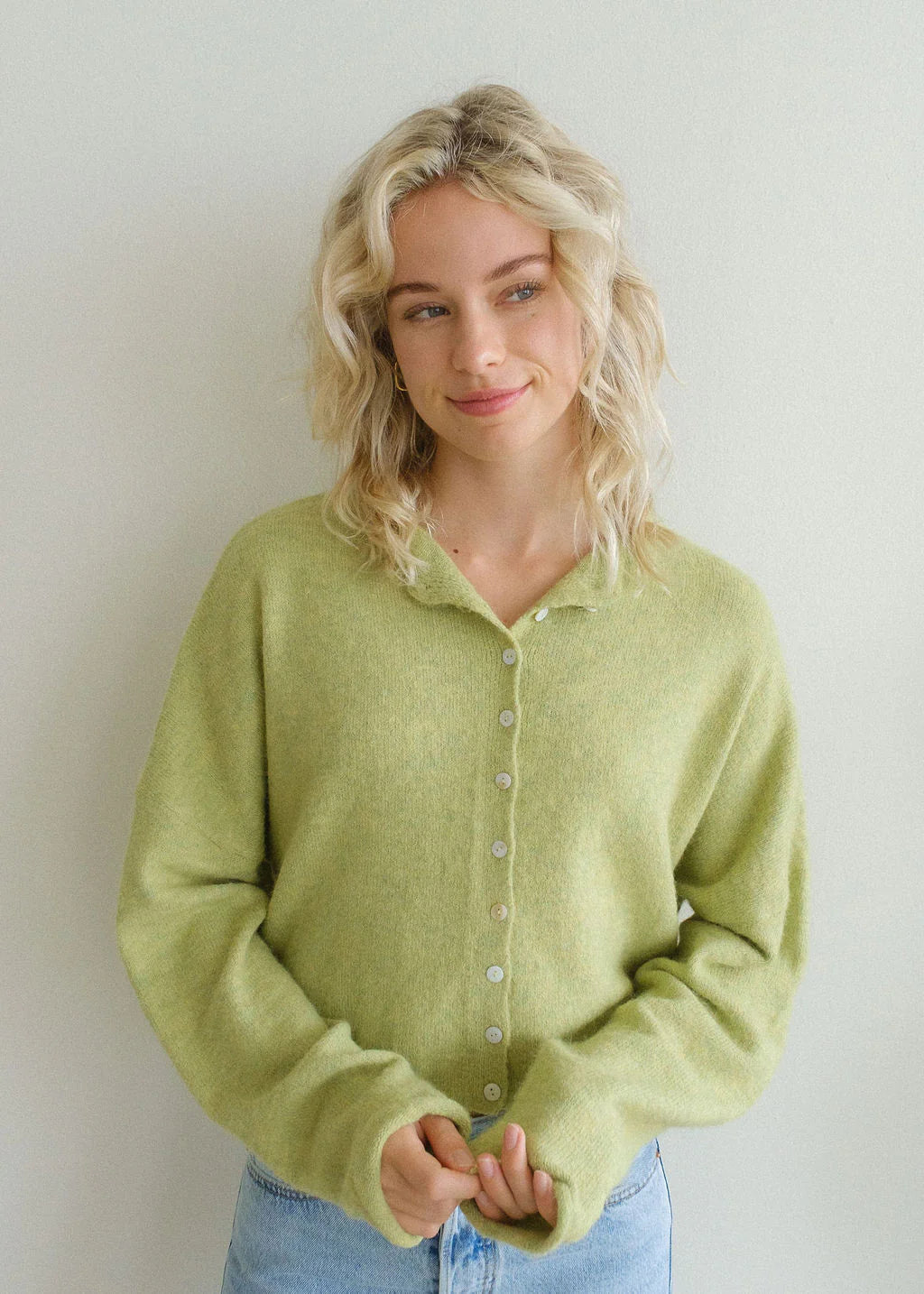 Hailey Button Down Cardigan (Piper Cardigan) in Lemongrass – front view