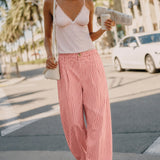 Irene Striped Wide Leg Pants in Blush styled in a casual everyday outfit with a relaxed wide leg fit.