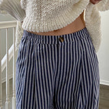 Irene Striped Wide Leg Pants in Navy - closer up front closure