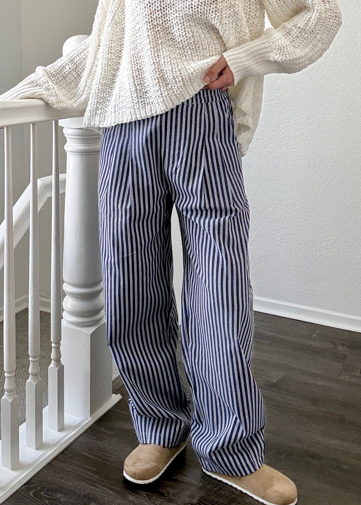 Irene Striped Wide Leg Pants in Navy front view