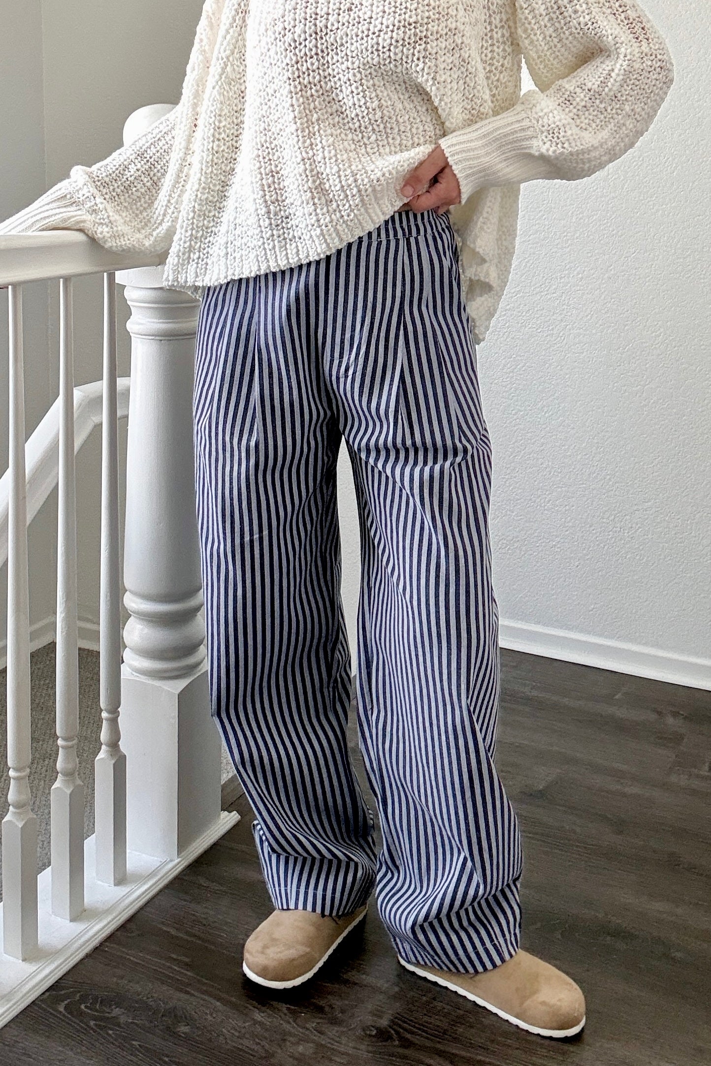 Irene Striped Wide Leg Pants in Navy front view