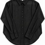 Isabella sheer pinstripe button-down shirt in charcoal black, flat lay