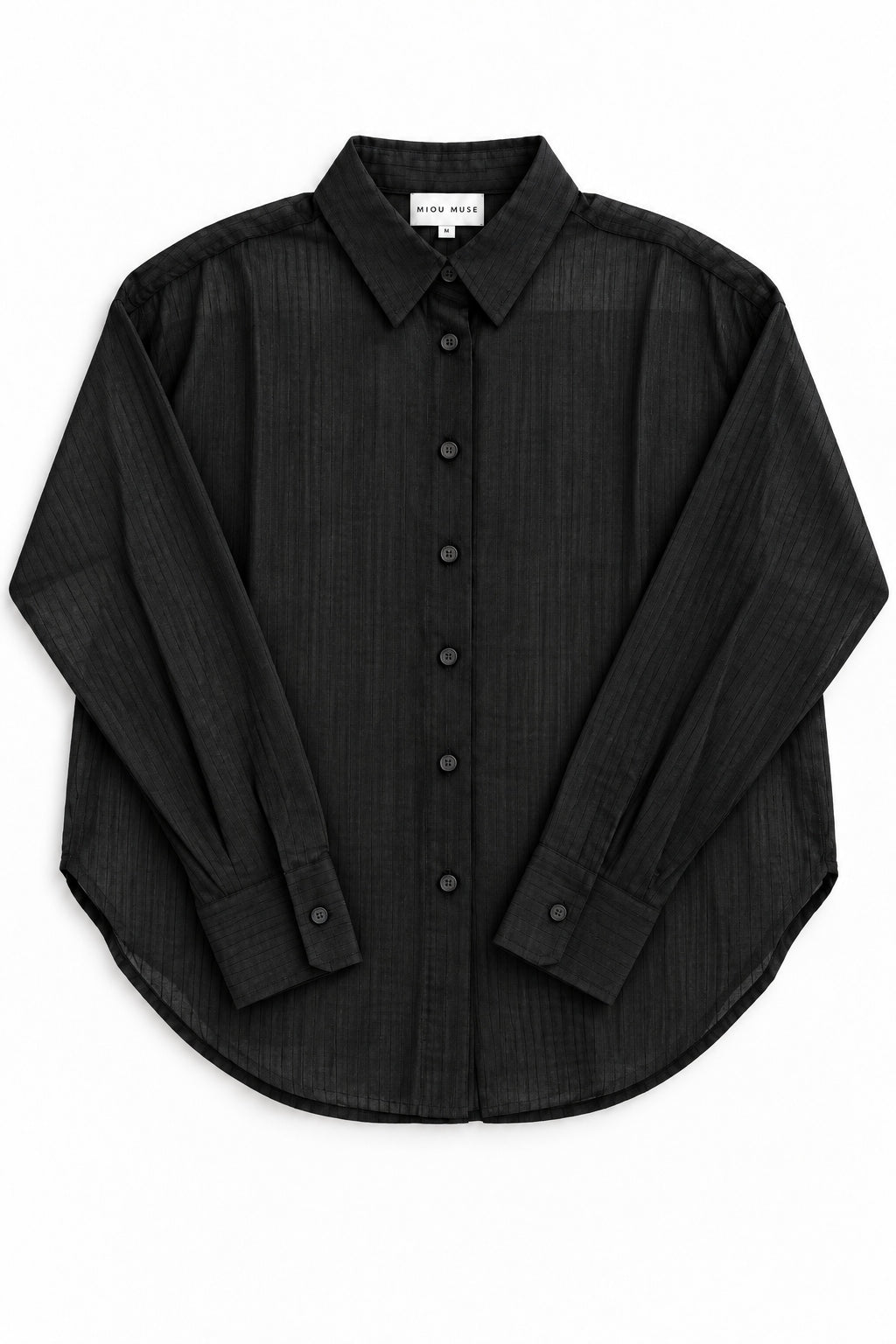 Isabella sheer pinstripe button-down shirt in charcoal black, flat lay
