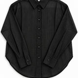 Isabella sheer pinstripe button-down shirt in charcoal black, flat lay