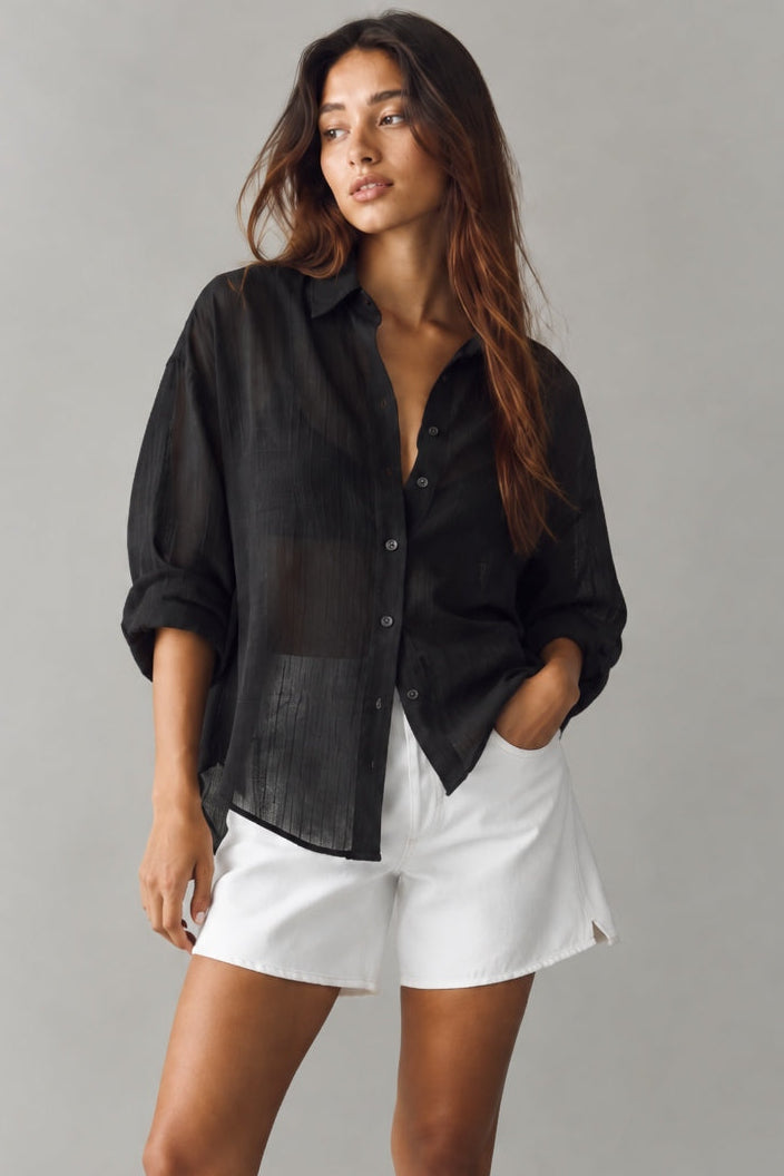 Isabella sheer pinstripe button-down shirt in charcoal black, front outfit view