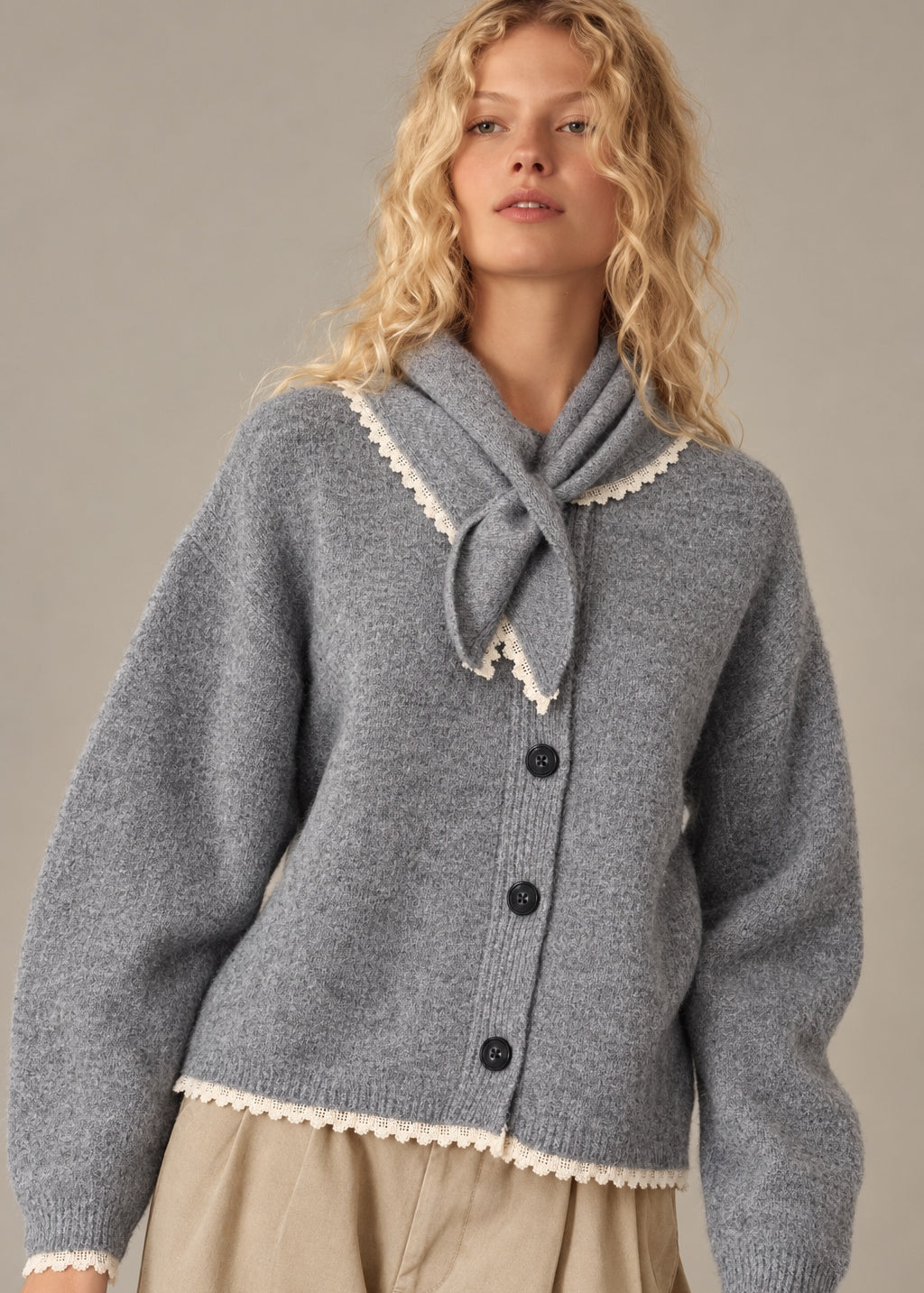 Bandana Lace Cardigan Grey - front view