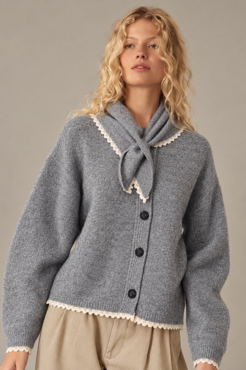 Bandana Lace Cardigan Grey - front view