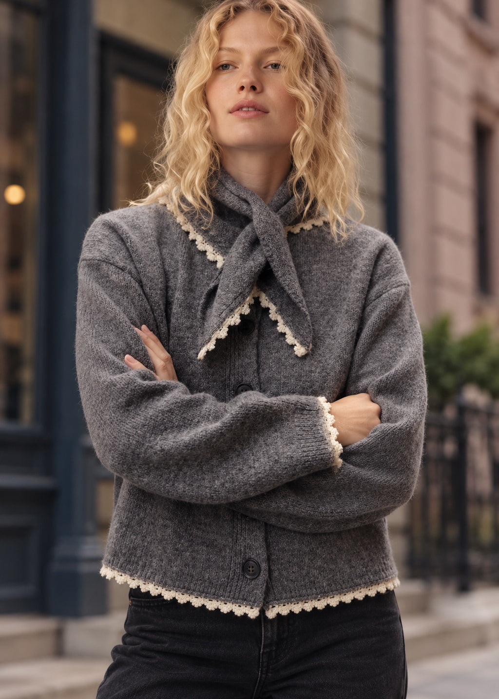 Model wearing a heather grey lace-trim cardigan and matching bandana scarf with jeans