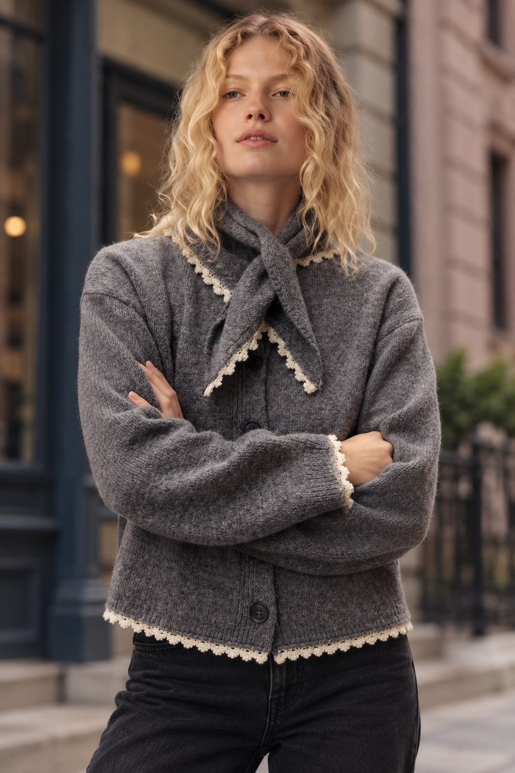 Model wearing a heather grey lace-trim cardigan and matching bandana scarf with jeans
