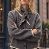 Model wearing a heather grey lace-trim cardigan and matching bandana scarf with jeans