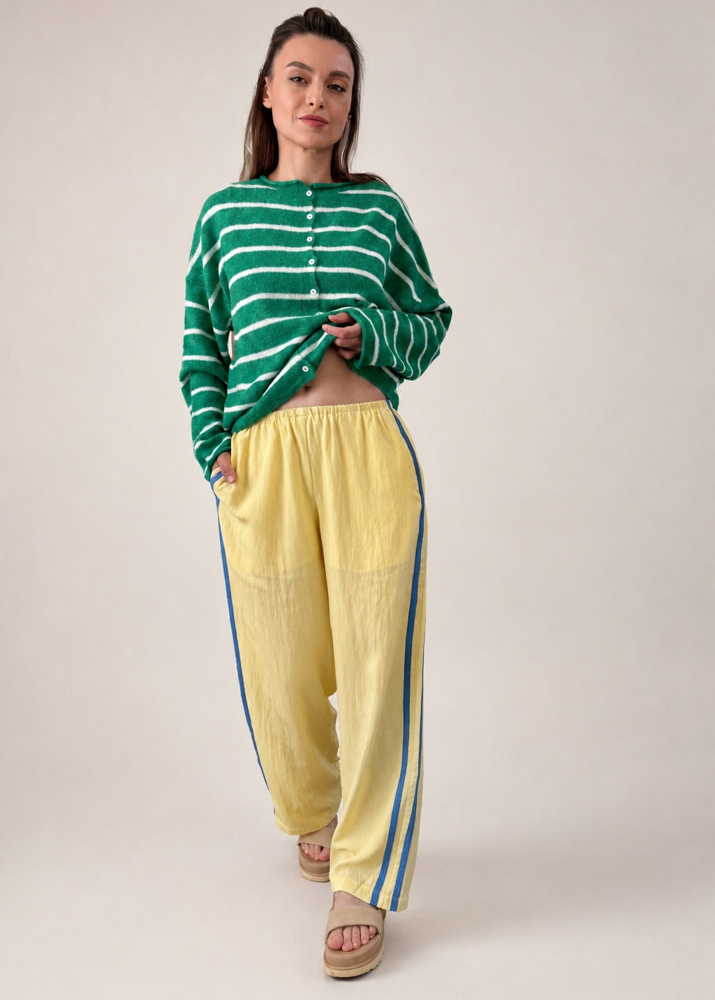 full outfit - model is wearing  butter yellow Landon Track Pants showing elastic waist