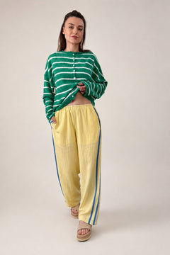 full outfit - model is wearing  butter yellow Landon Track Pants showing elastic waist