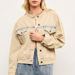 Light wash casual denim jacket in sand denim styled for everyday wear
