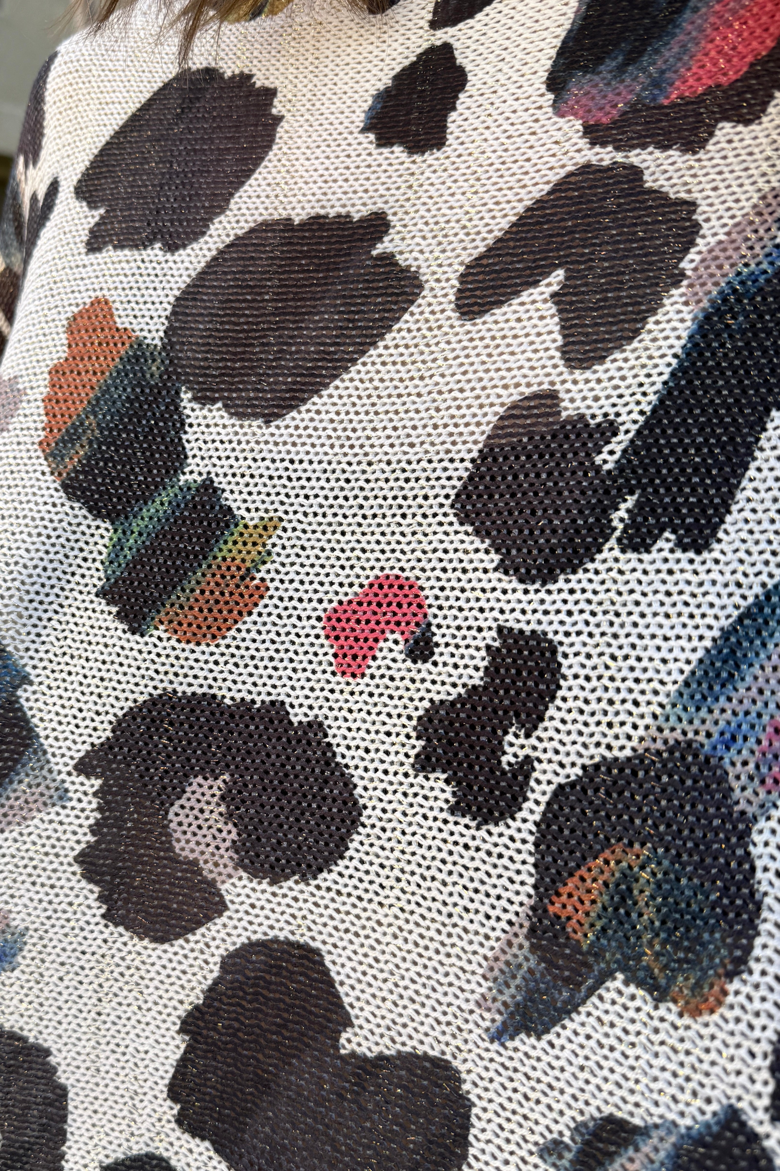 Close-up detail of the abstract leopard multi print and knit texture