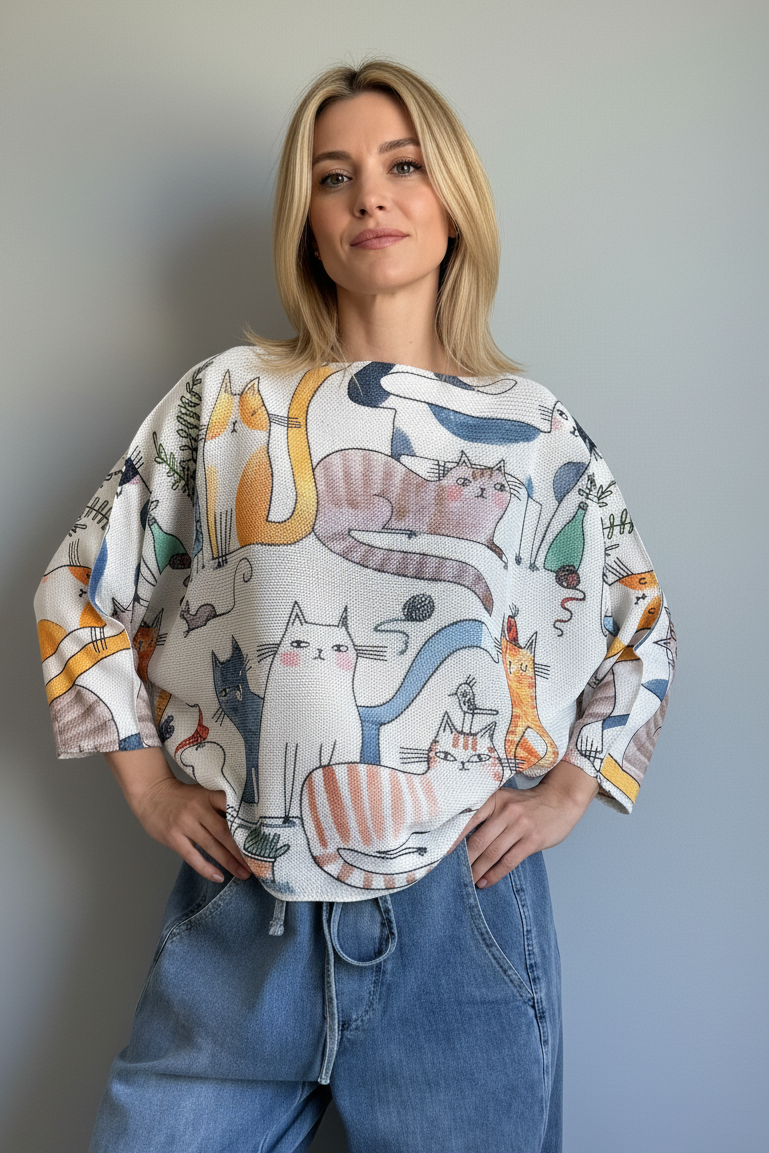 Front portrait of model wearing the Livia Made in Italy batwing printed sweater with playful cats print