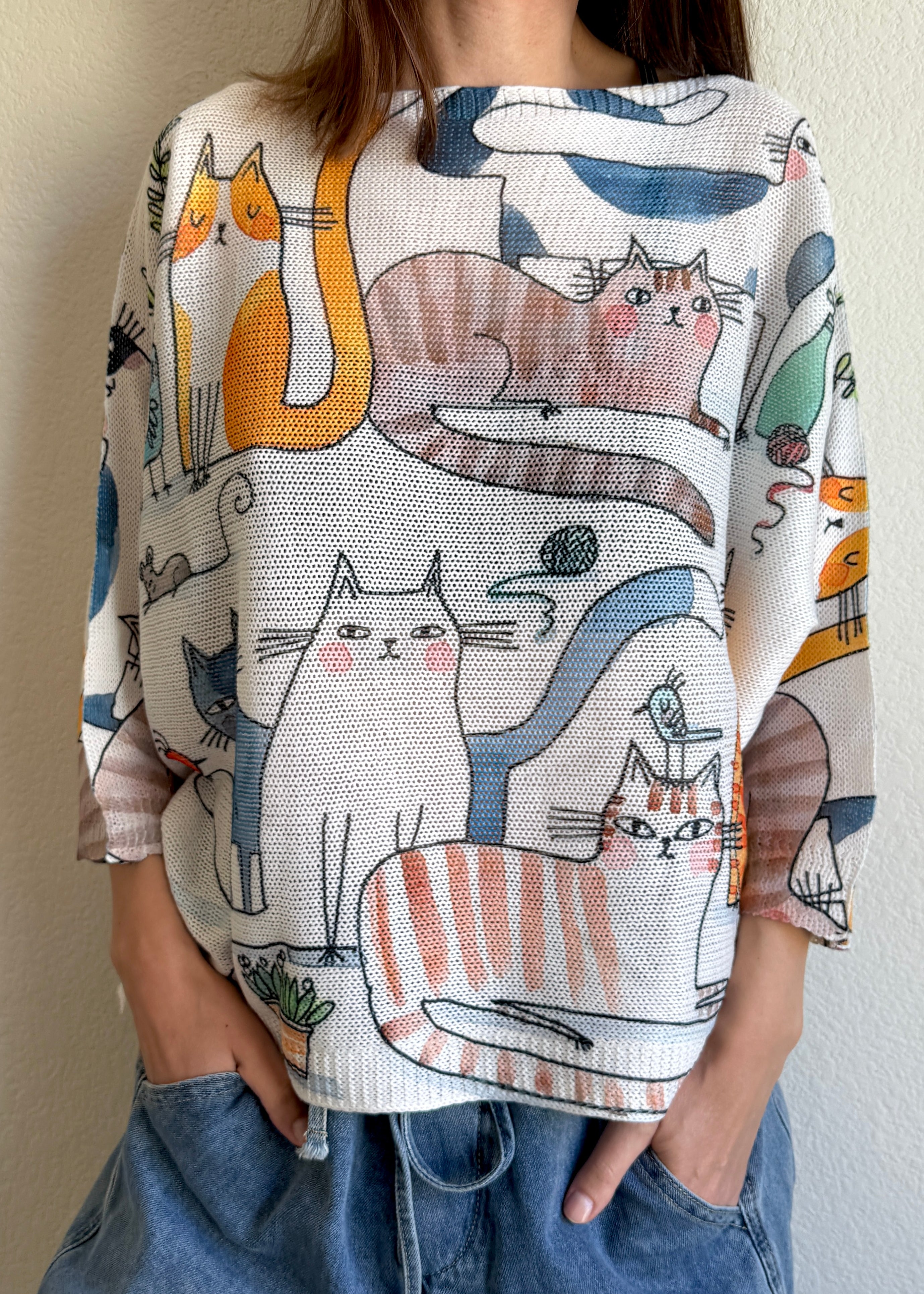 Styled front view of the Livia Made in Italy batwing printed sweater paired with jeans