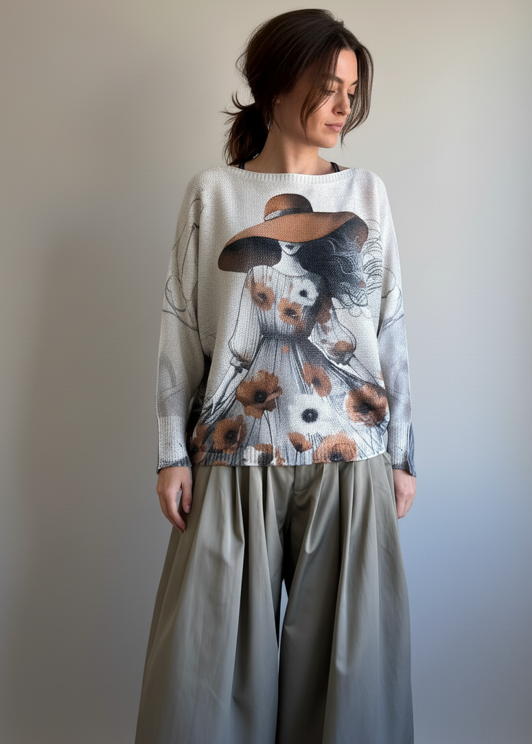 Front portrait of model wearing the Livia Made in Italy batwing printed sweater with Lady in Hat artwork