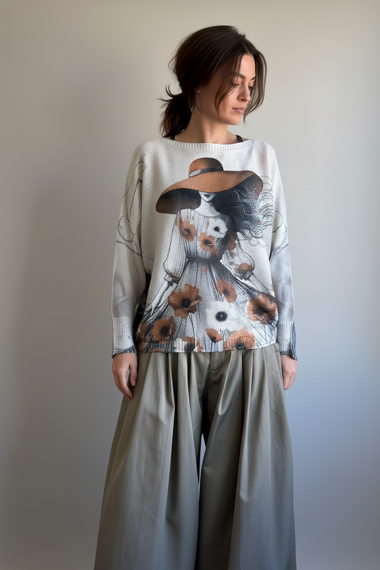 Front portrait of model wearing the Livia Made in Italy batwing printed sweater with Lady in Hat artwork