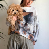 Relaxed lifestyle photo of the Lady in Hat batwing sweater showing movement and comfort