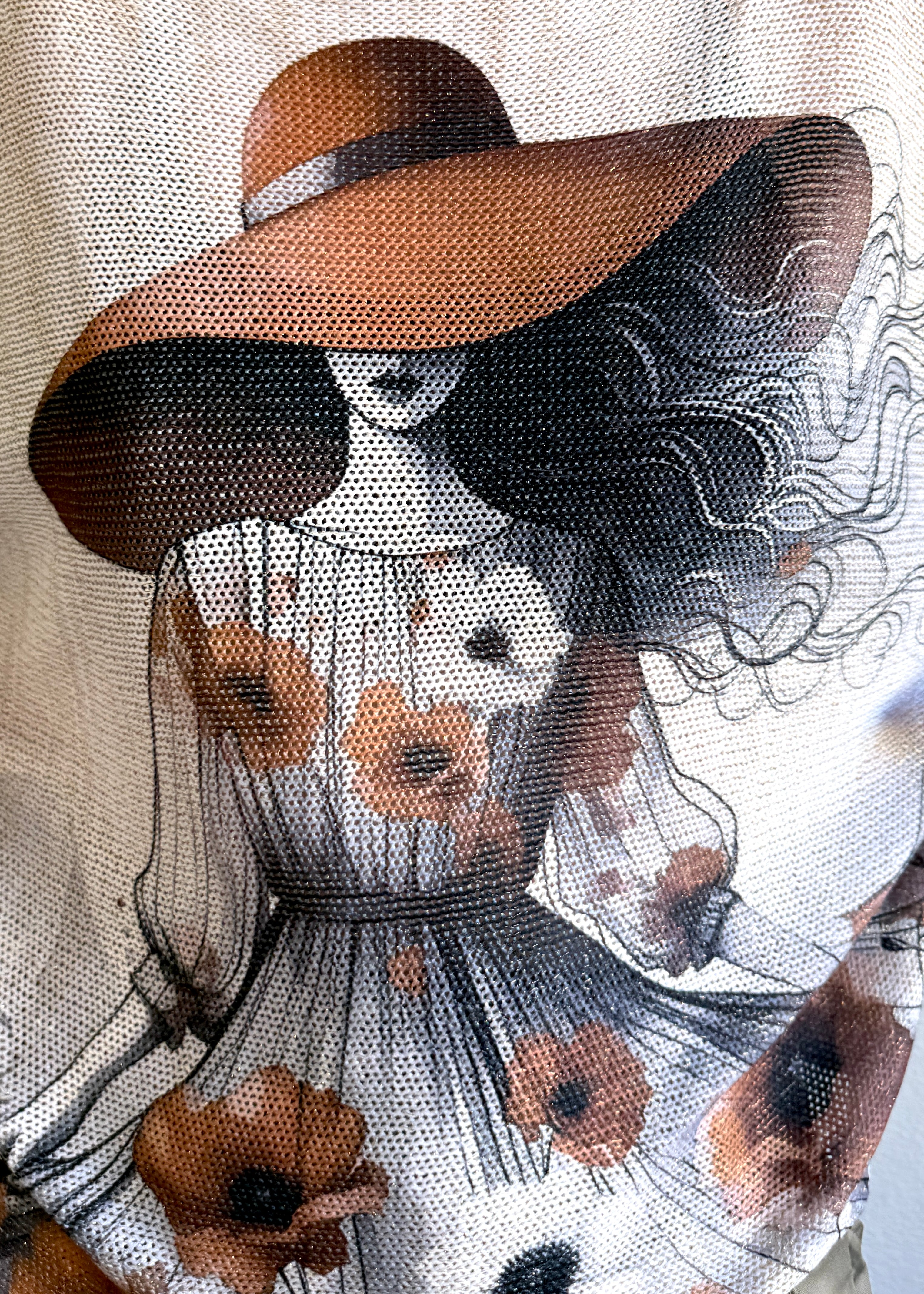 Close-up detail of the Lady in Hat print on the Livia batwing sweater