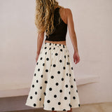 Lowen Full Midi Skirt in Polka Dot Cream,back view of full A-line midi skirt with black polka dots and gathered waist