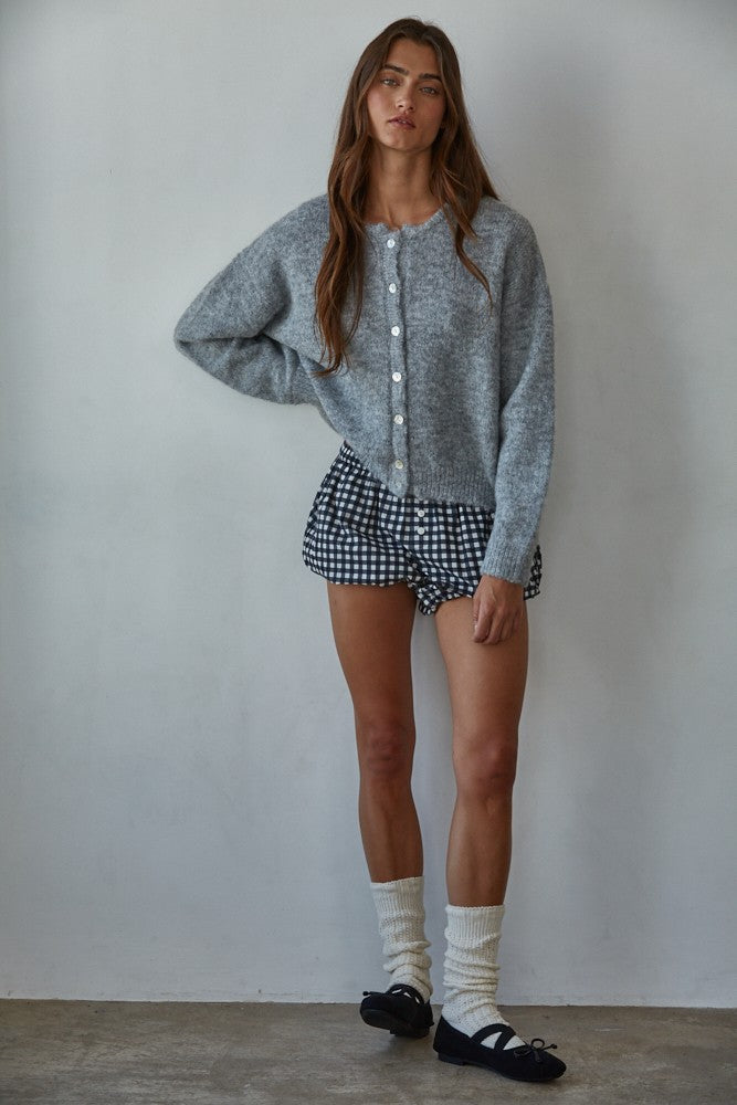 Lucas Button-Down Knit Cardigan in heather grey worn with gingham shorts, full body front view