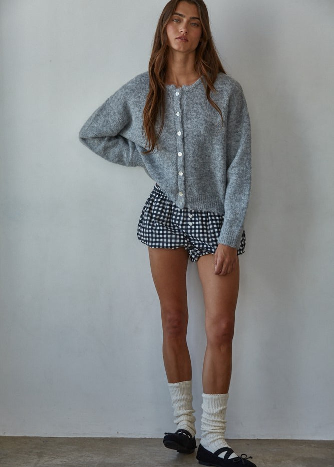 Lucas Button-Down Knit Cardigan in heather grey worn with gingham shorts, full body front view